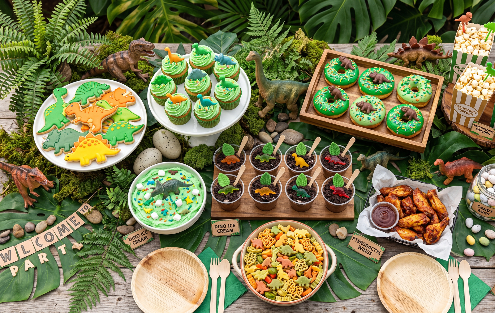 Colorful dinosaur party food table with cupcakes, dinosaur cookies, donuts, pudding cups, chicken wings, dinosaur pasta, popcorn, and Jurassic-themed desserts for a kids birthday party.