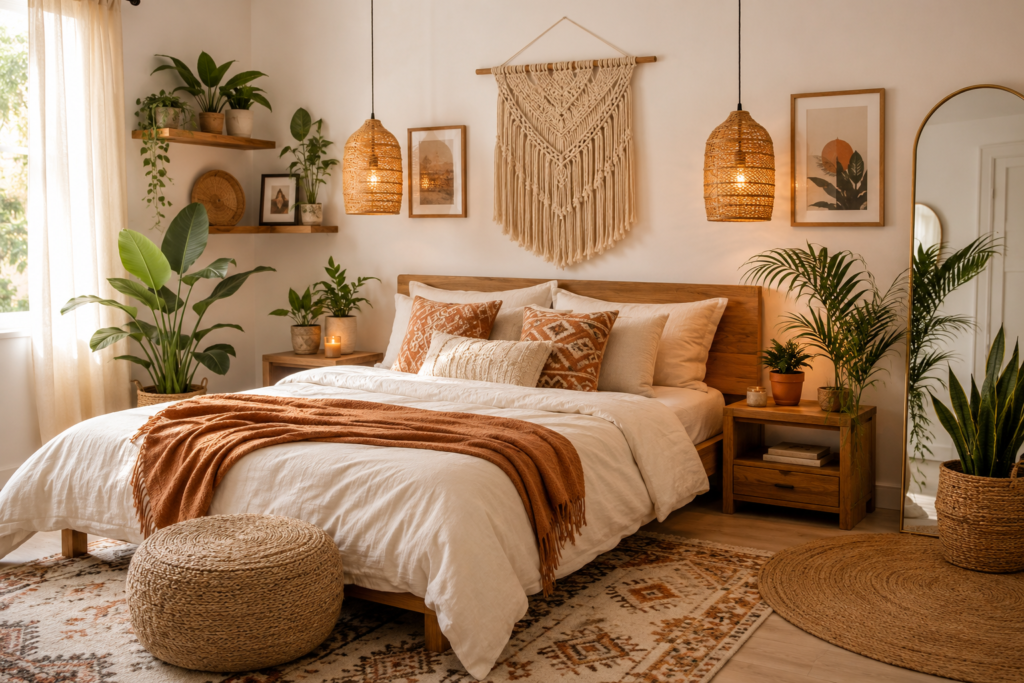 Cozy boho bedroom with neutral bedding, macramé wall hanging, rattan pendant lights, indoor plants, and natural wood furniture.