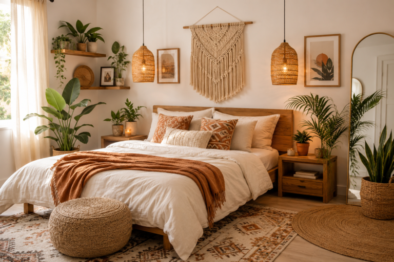 Cozy boho bedroom with neutral bedding, macramé wall hanging, rattan pendant lights, indoor plants, and natural wood furniture.